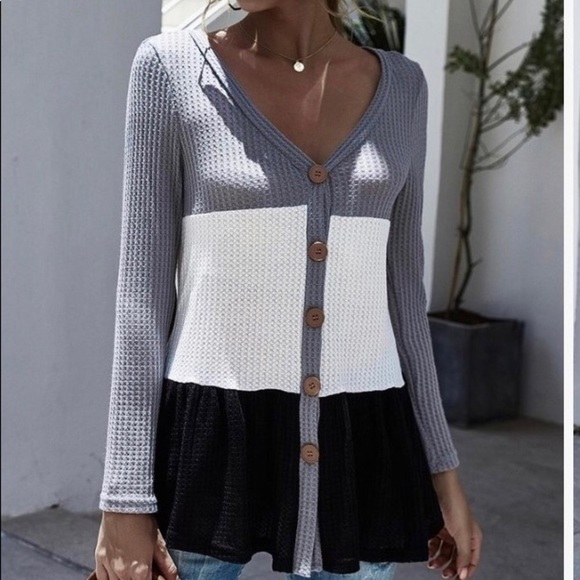 Sweaters - Ladies V-neck, L, long sleeve, button up cardigan. Cotton waffle weave knit